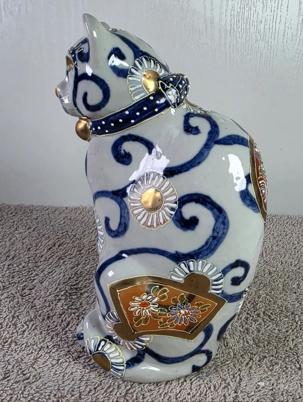 Decorative White and Blue Kutani Porcelain Cat Figurine with Gold Accents